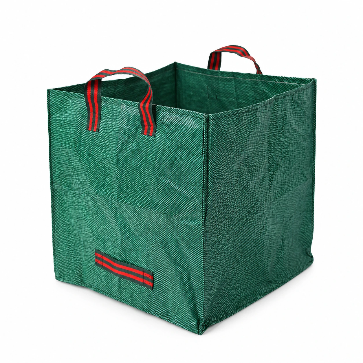 Sac de jardin pliable 270 L en toile tissée verte, ouvert sur fond blanc