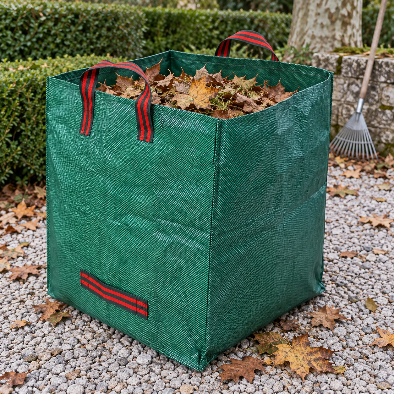 Sac de jardin 270 L rempli de feuilles mortes, poignée basse de bascule visible
