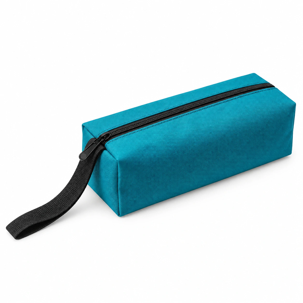 Pochette à outils en toile turquoise fermée, vue de trois quarts sur fond de studio blanc