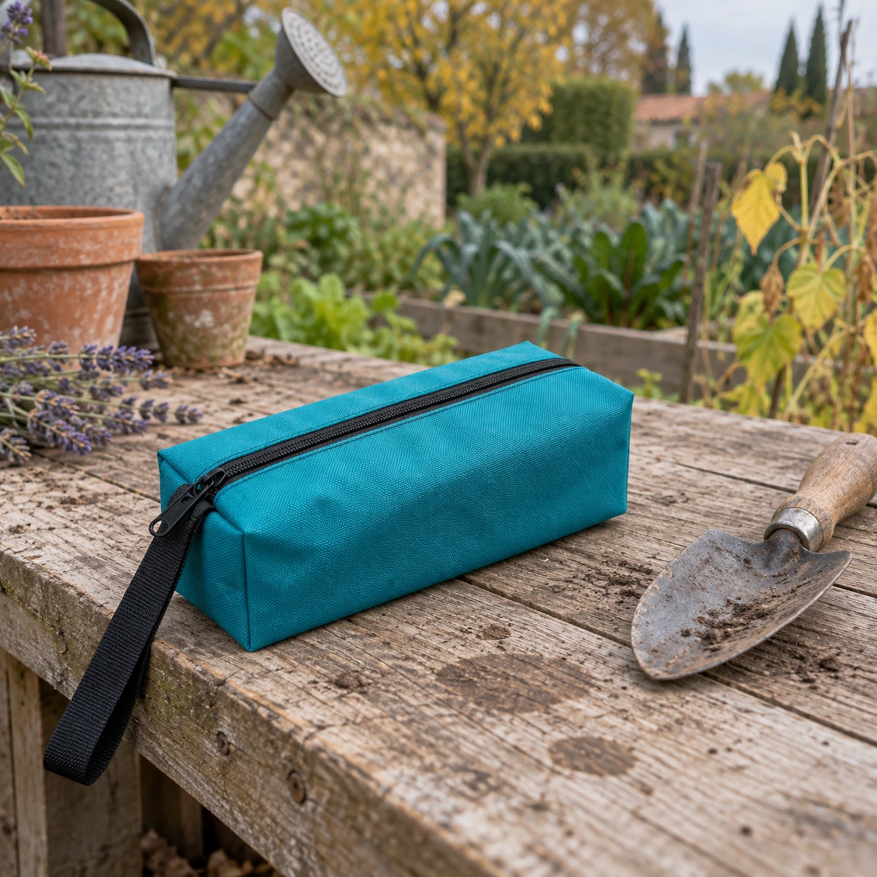 Pochette turquoise fermée posée sur un établi de jardin, sangle pendant par-dessus le bord