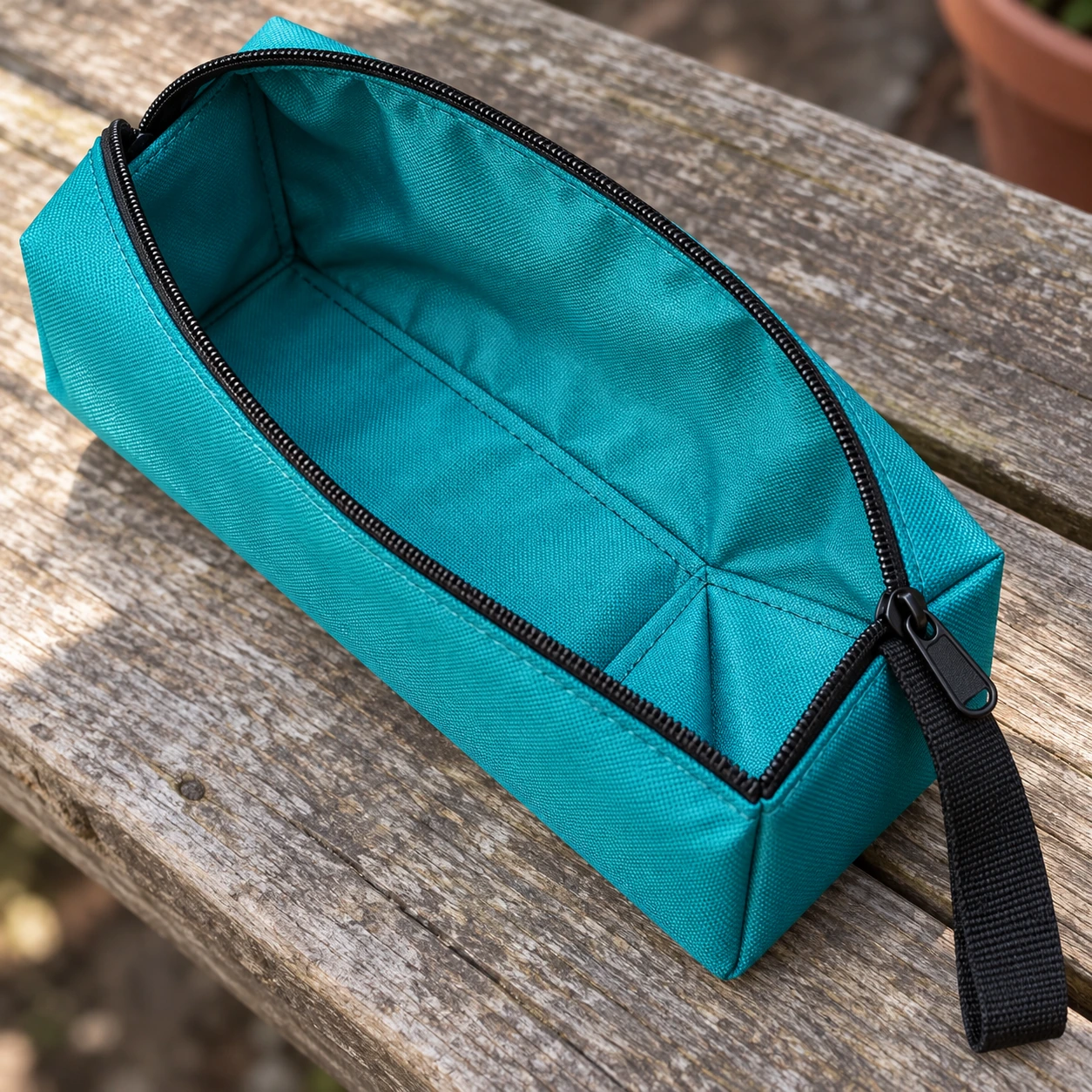 Pochette ouverte à plat, doublure et soufflet du fond de la pochette en toile turquoise