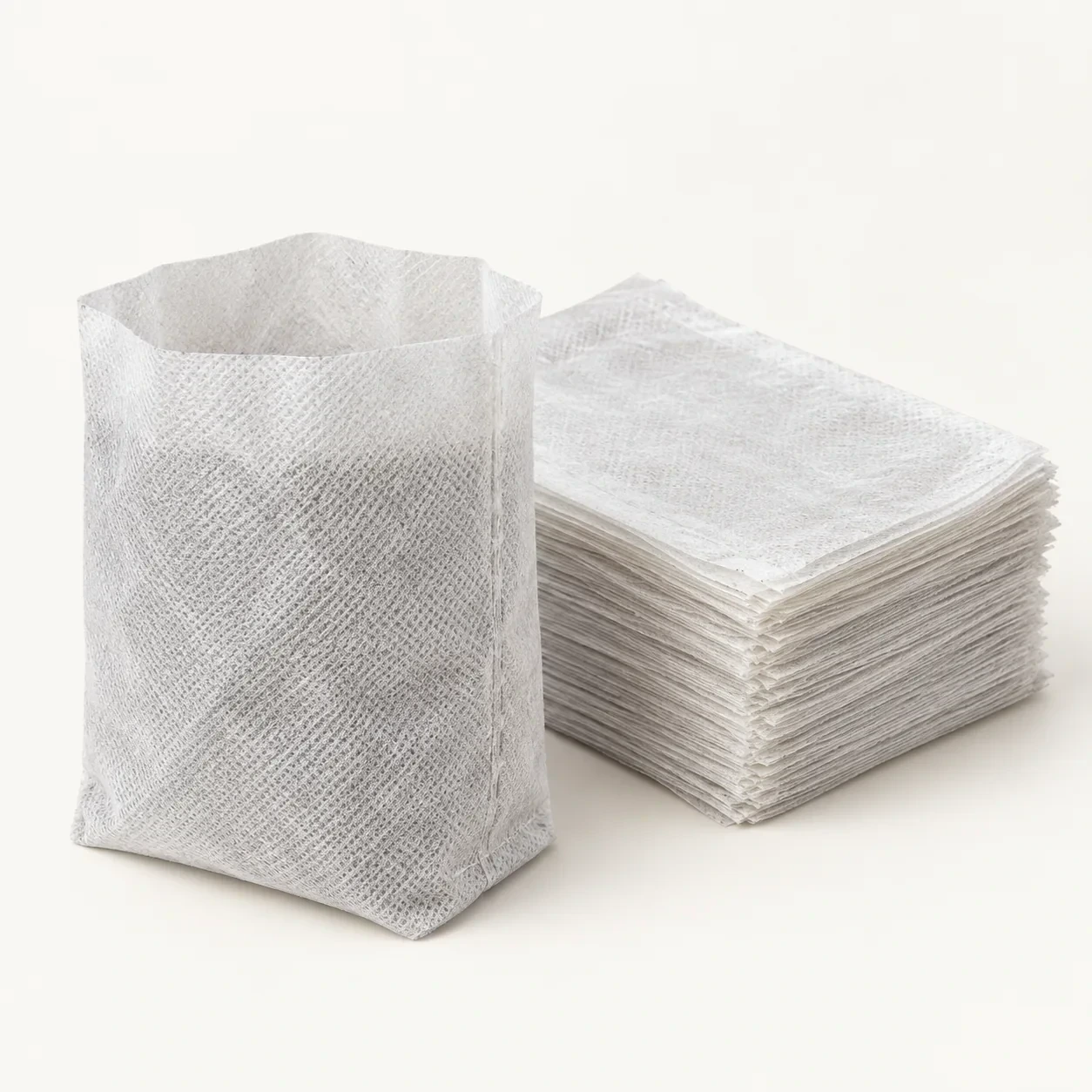 Sachet de semis non tissé ouvert devant la pile du lot de 100