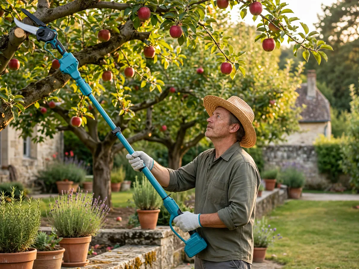 Taille d'une branche haute à la perche, jardinier debout au sol