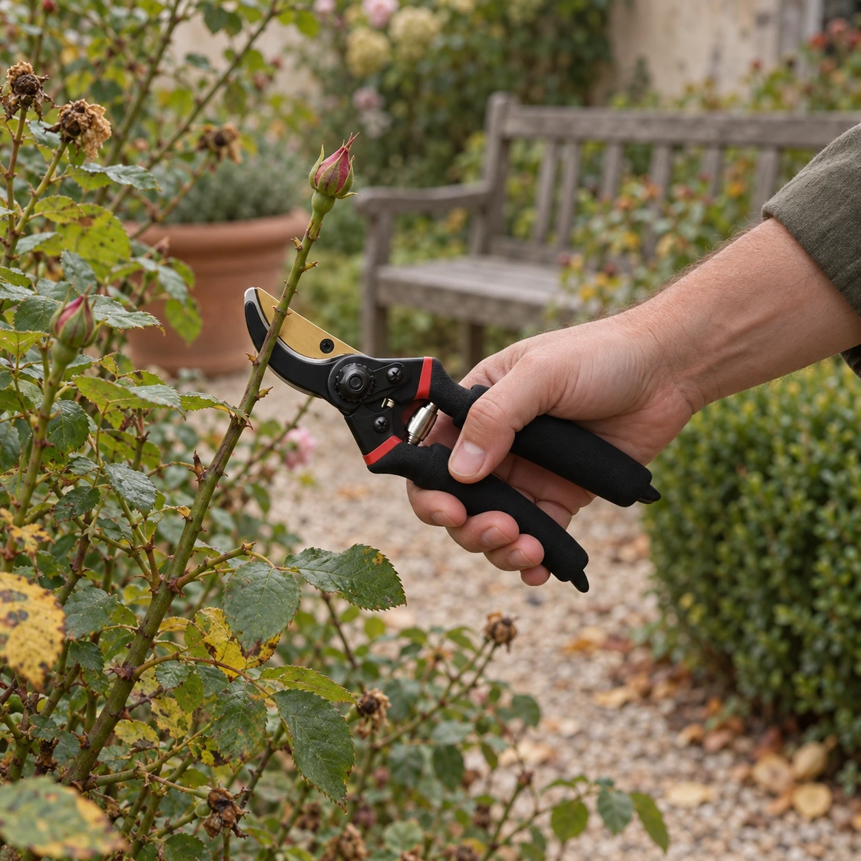 Le sécateur bypass tenu à une main coupe une tige de rosier dans un jardin français