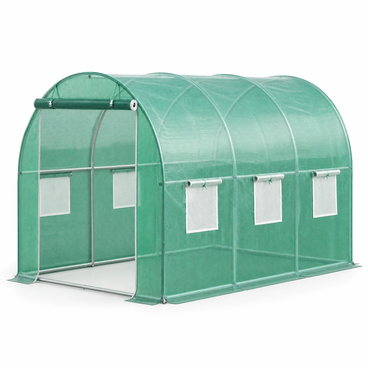 Serre de jardin tunnel verte avec porte et fenêtres enroulables sur fond blanc