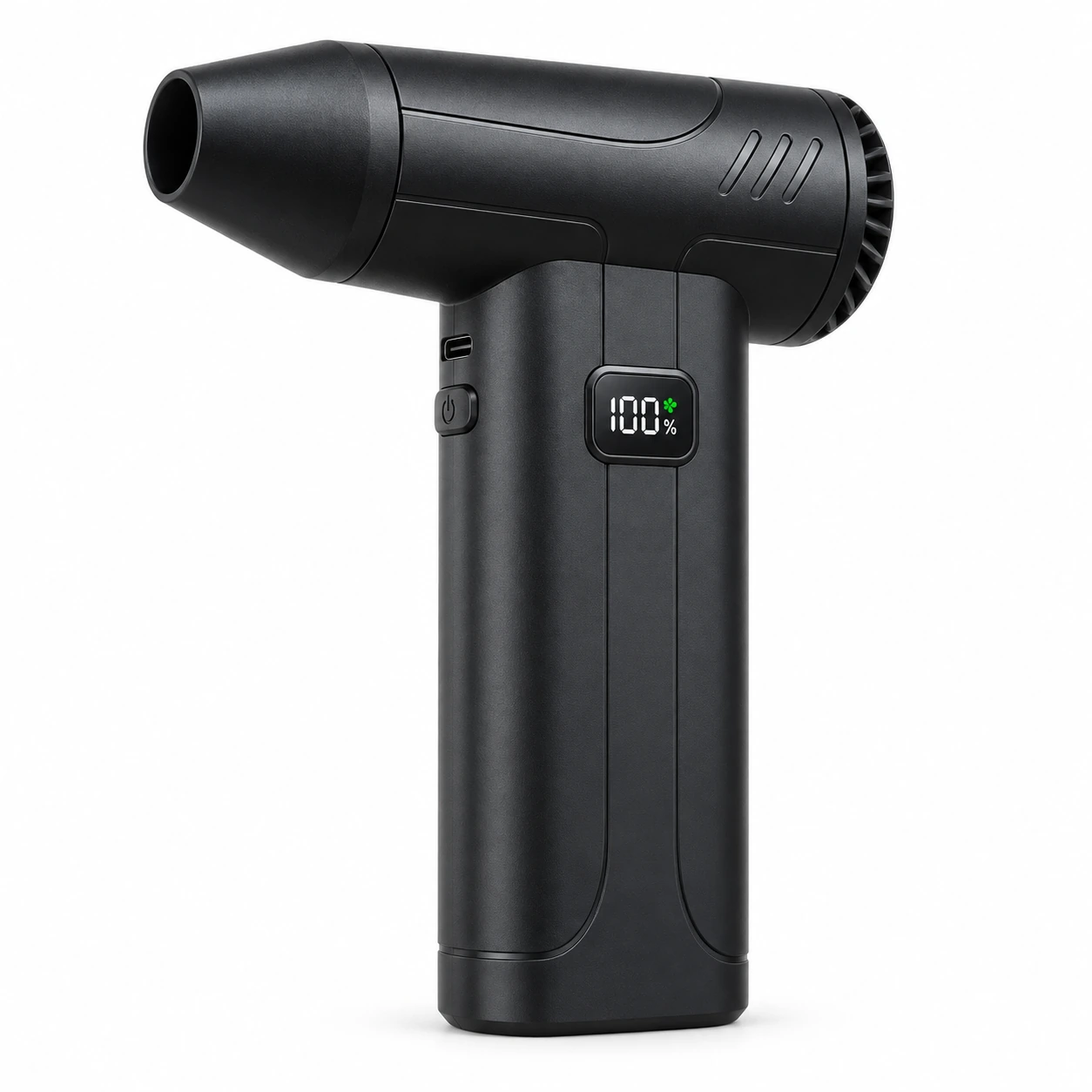 Mini souffleur de feuilles rechargeable noir mat, vu de trois quarts sur fond blanc