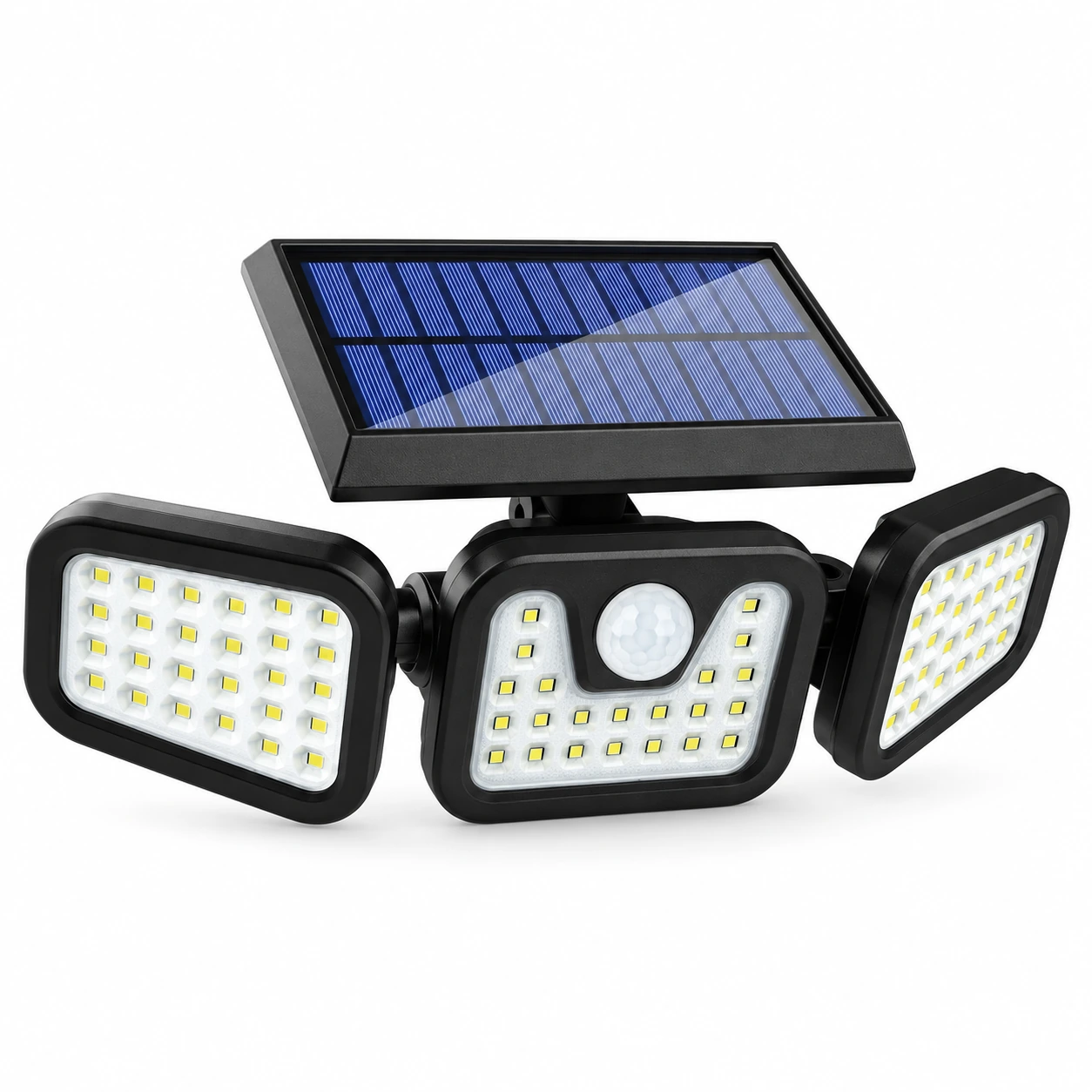 Sur fond clair, spot solaire noir à trois têtes orientables, panneau supérieur et détecteur rond en façade