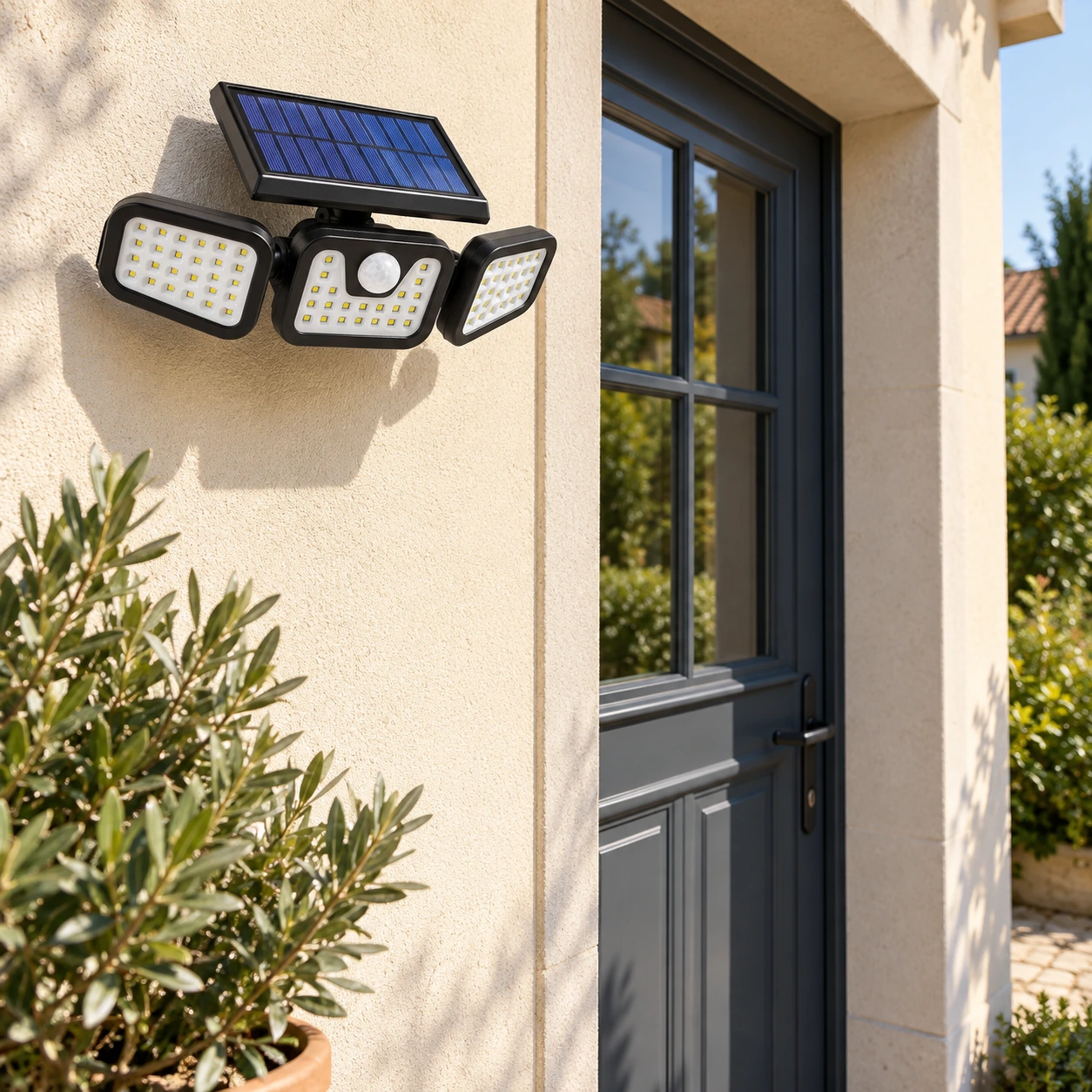 Spot solaire fixé près d'une entrée, les têtes dirigées vers le seuil et les côtés du passage