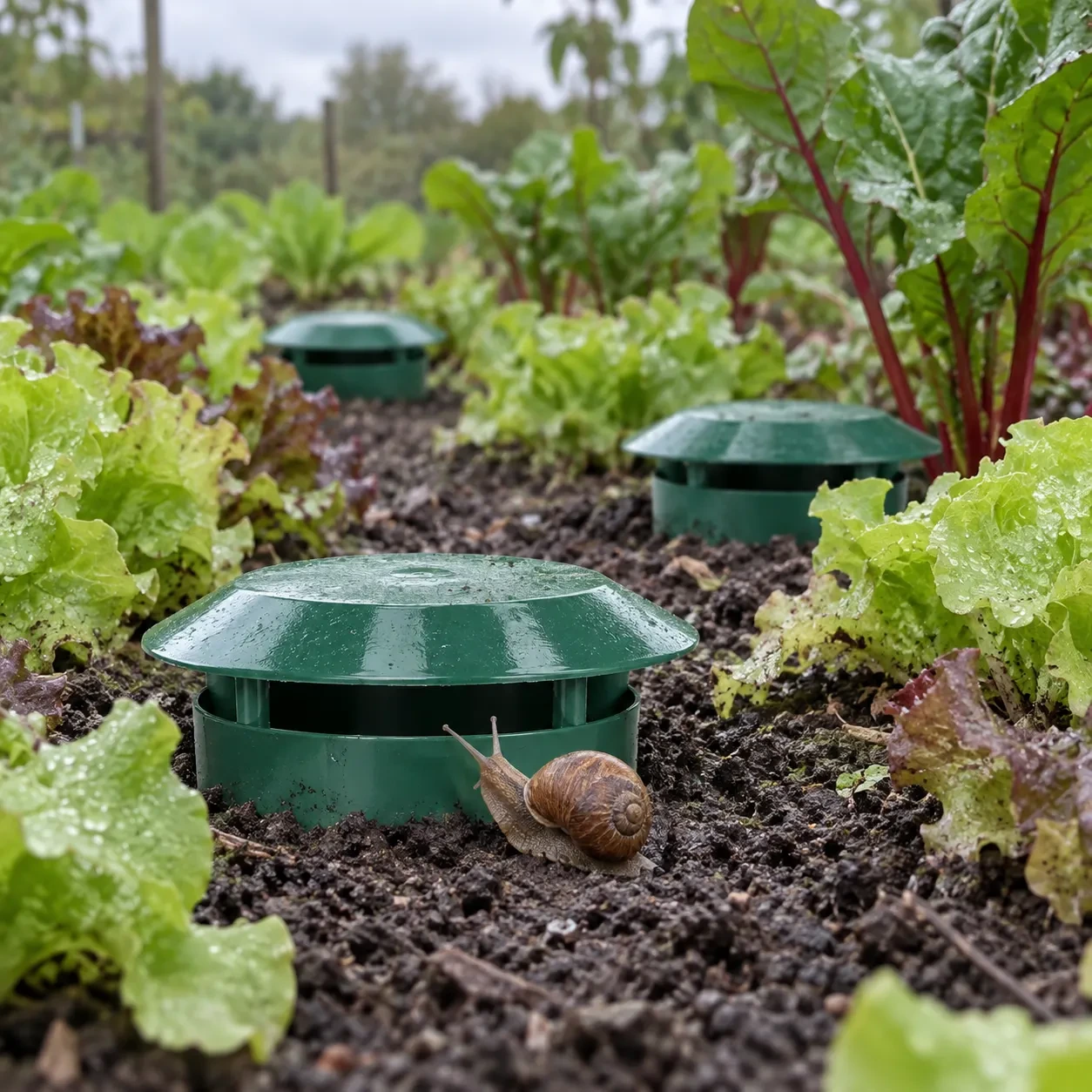 Trois stations d'appâts posées à même le sol entre des jeunes salades, un escargot approche