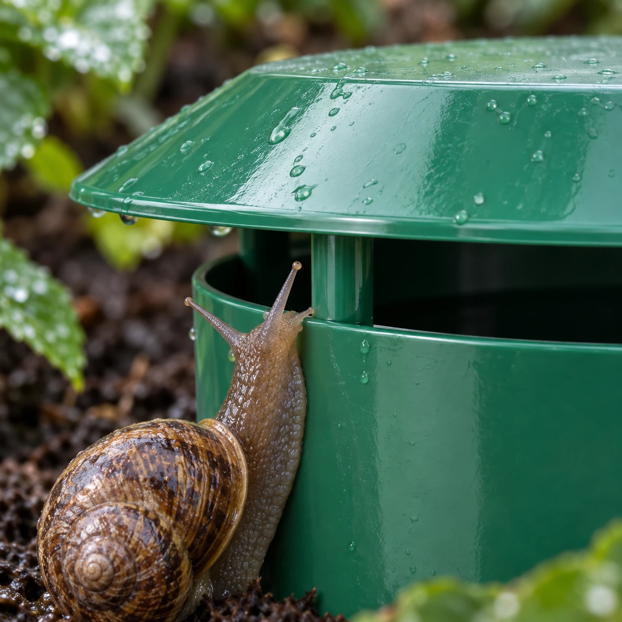 Gros plan sur la fente d'entrée et son pilier, un escargot brun grimpe vers l'ouverture