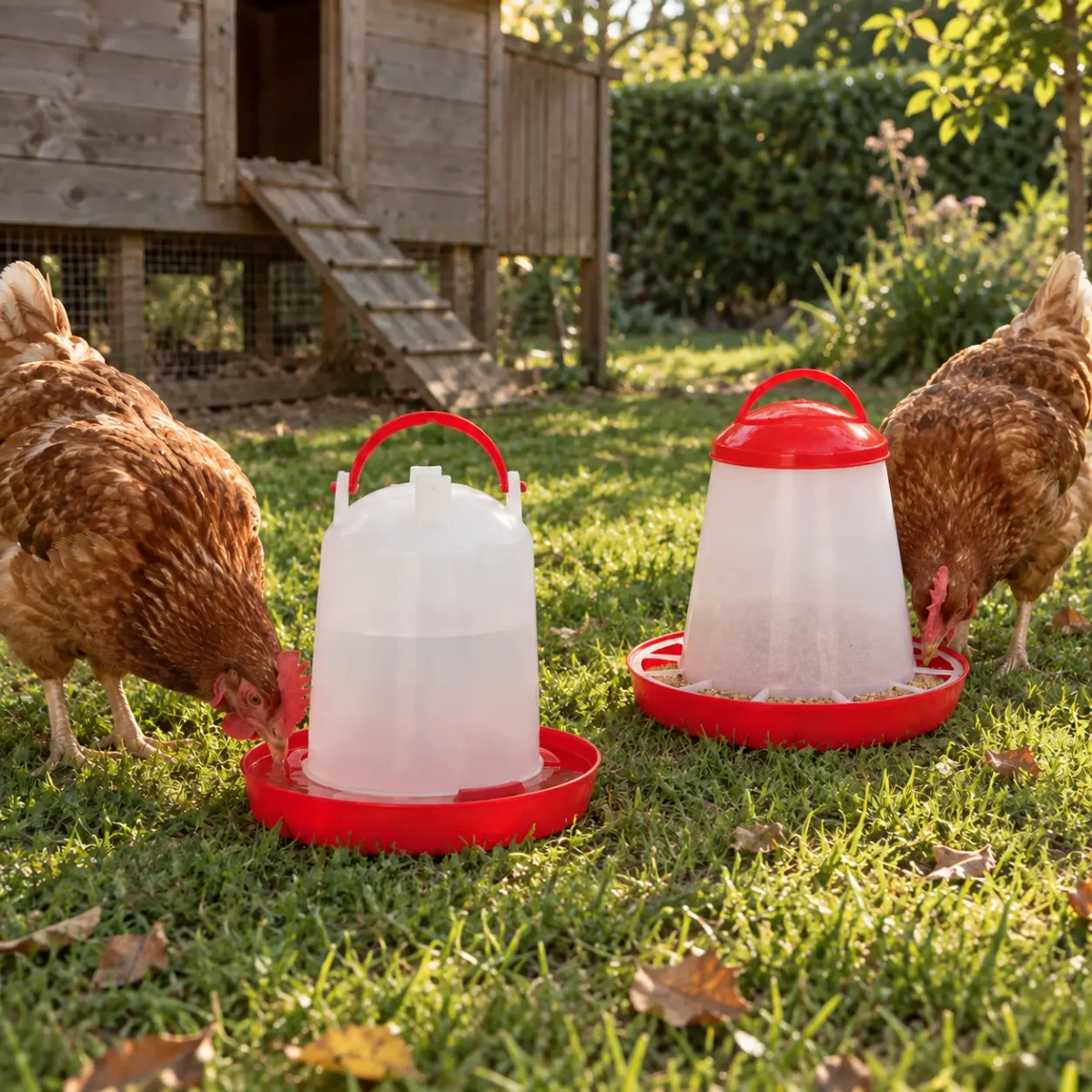 Deux poules rousses picorant au plateau garni et buvant à la coupelle, sur l'herbe devant le poulailler de jardin