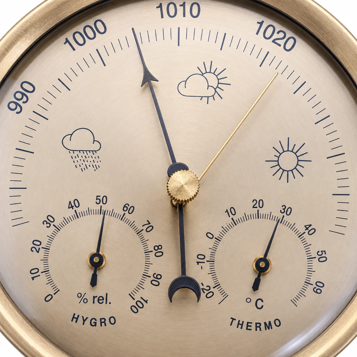 Gros plan du cadran : échelle de pression en hPa, hygromètre en % rel. et thermomètre en degrés Celsius