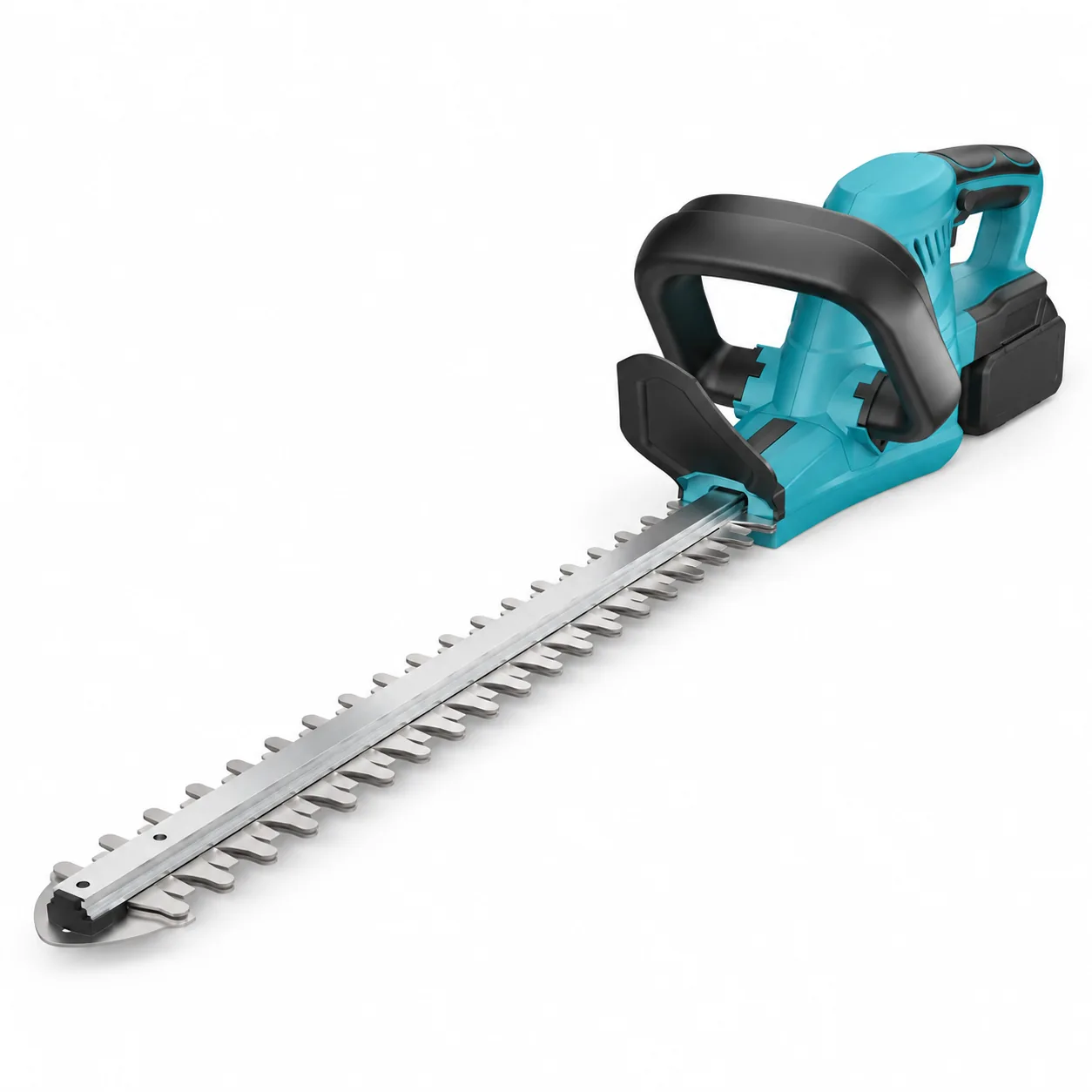 Taille-haie sans fil turquoise avec longue lame double action sur fond blanc