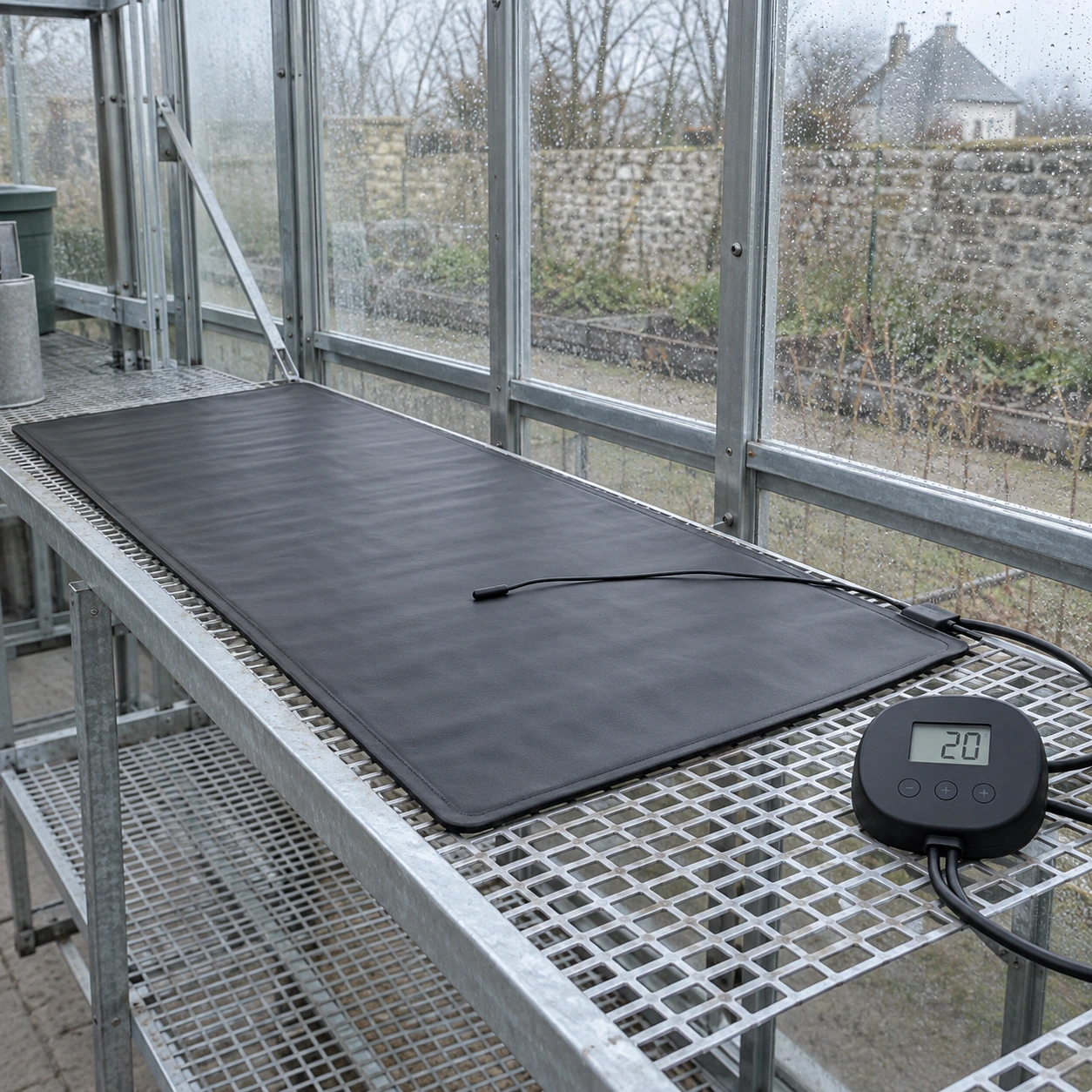 Tapis chauffant noir déroulé sur une étagère de serre, boîtier de commande à écran posé à côté