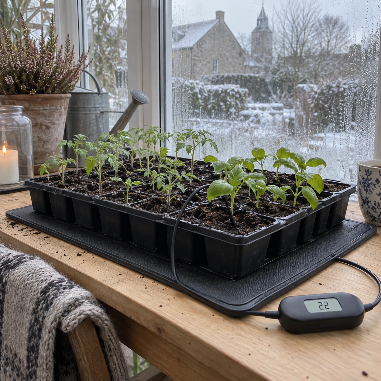 Jeunes plants levés sur le tapis chauffant dans une véranda d'hiver