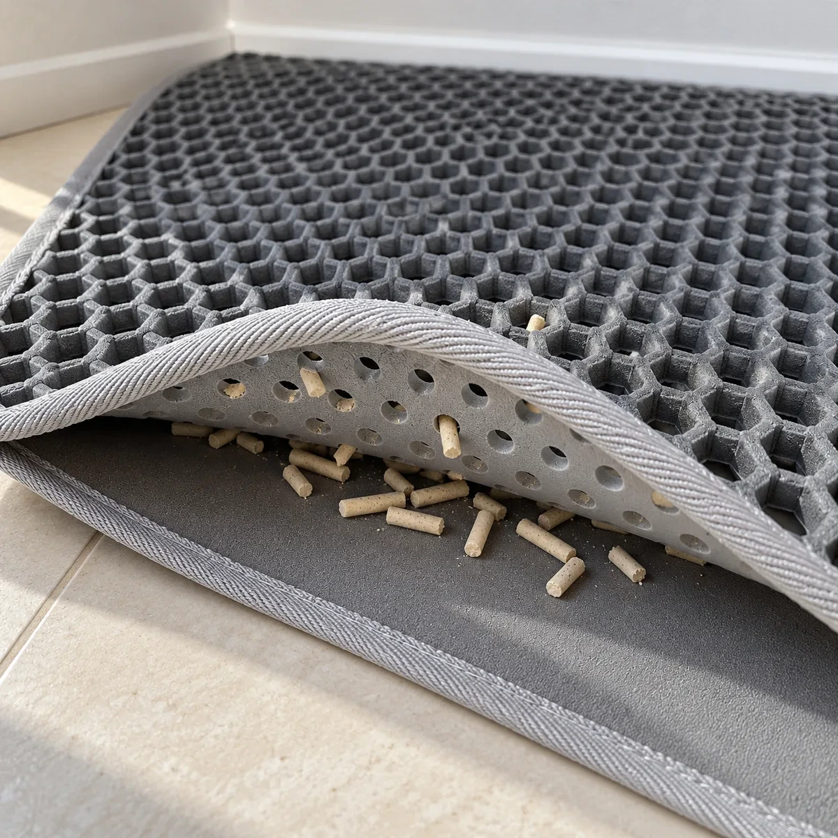 Gros plan sur les alvéoles hexagonales du tapis, granulés retenus entre les deux couches