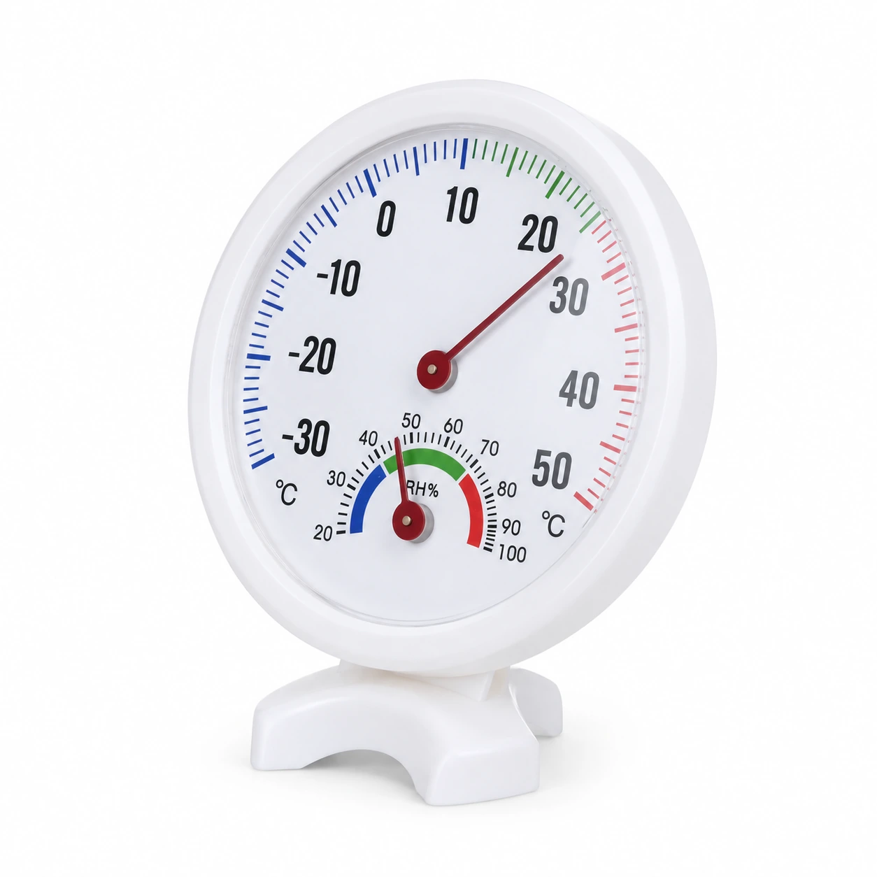 Thermomètre hygromètre à aiguille au cadran rond blanc, posé sur son socle de bureau