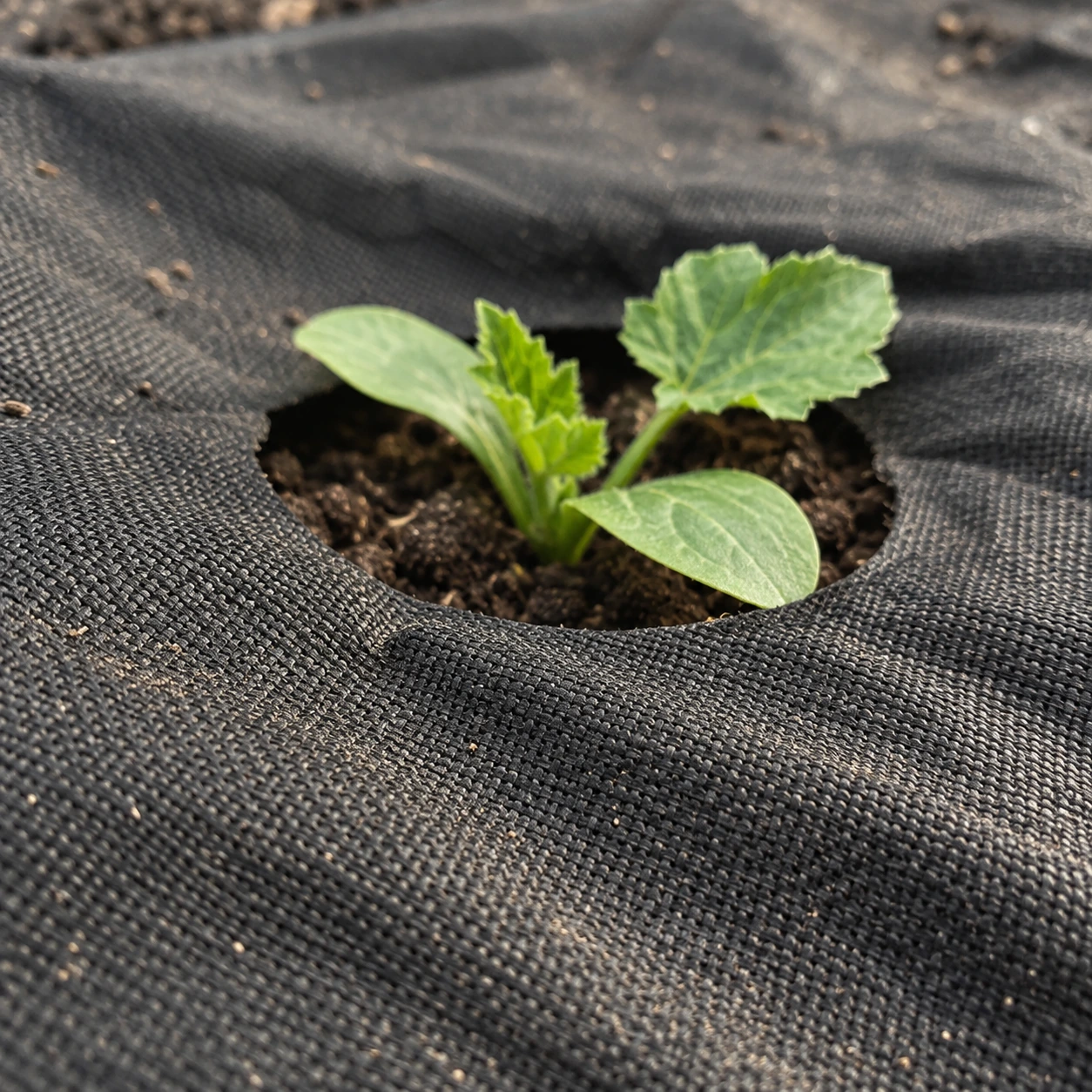 Gros plan sur un trou de plantation de la toile noire, trame tissée et jeune plant sorti