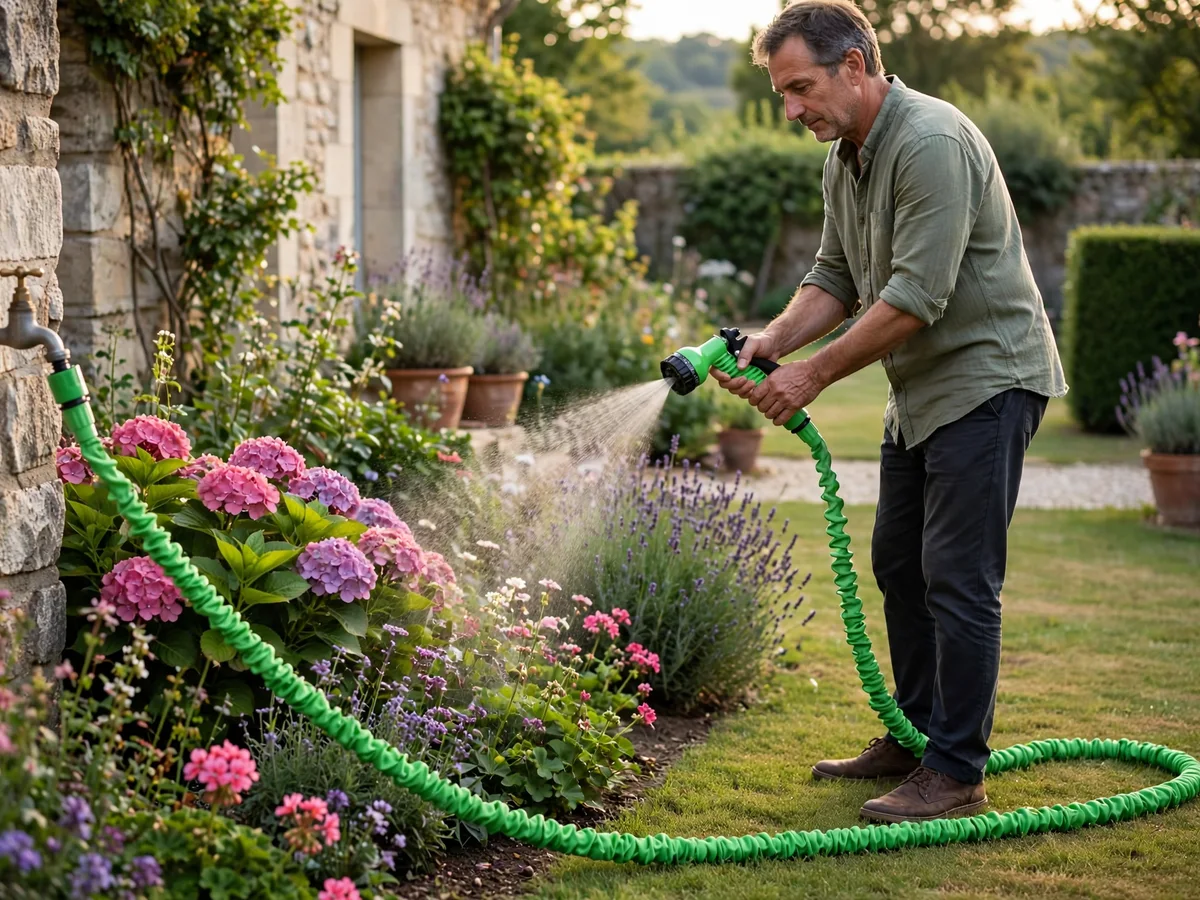 Arrosage de jardinières sur une terrasse avec le tuyau extensible déployé
