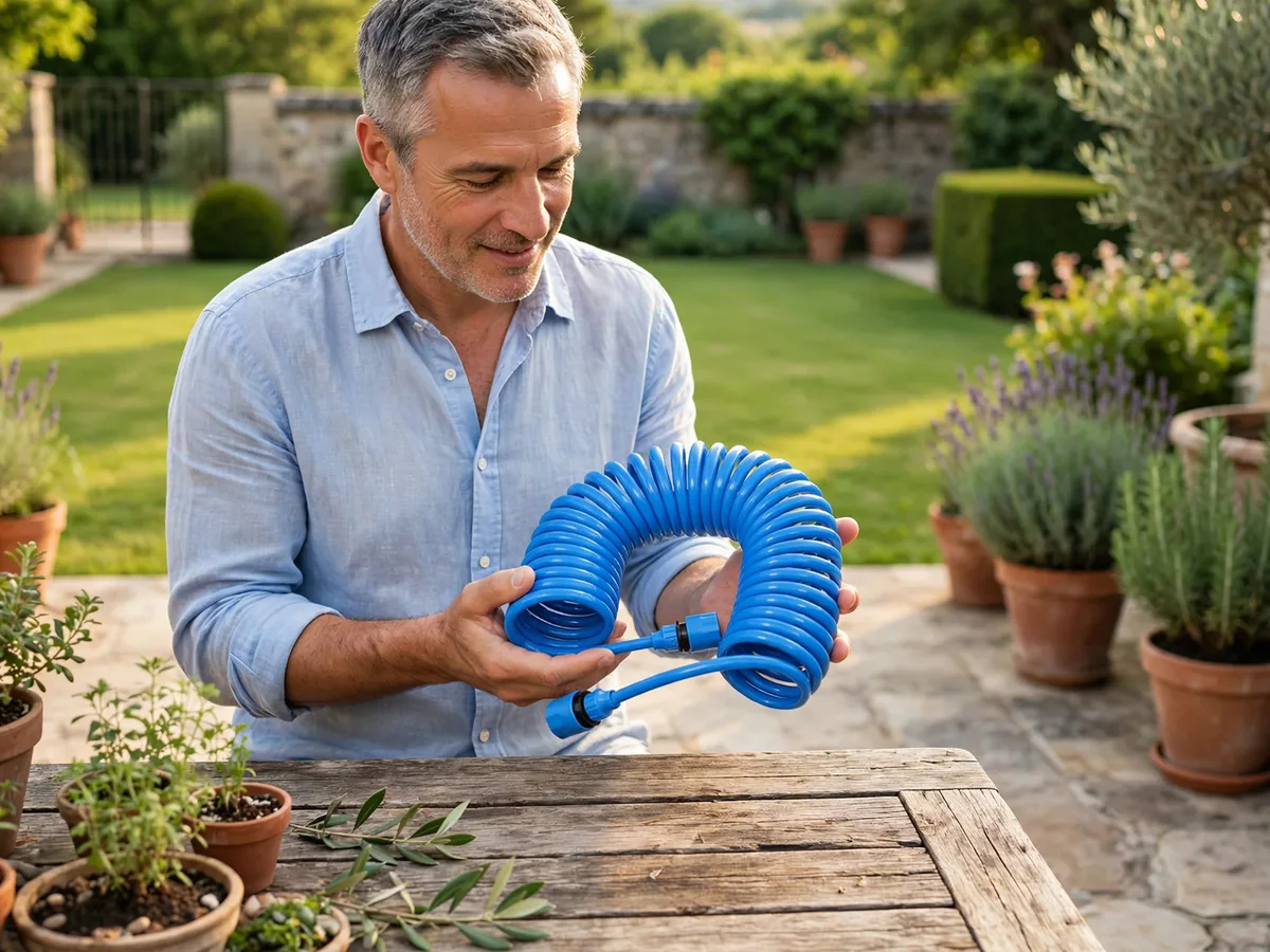 Tuyau spiralé étiré pendant l'arrosage de jardinières sur une terrasse