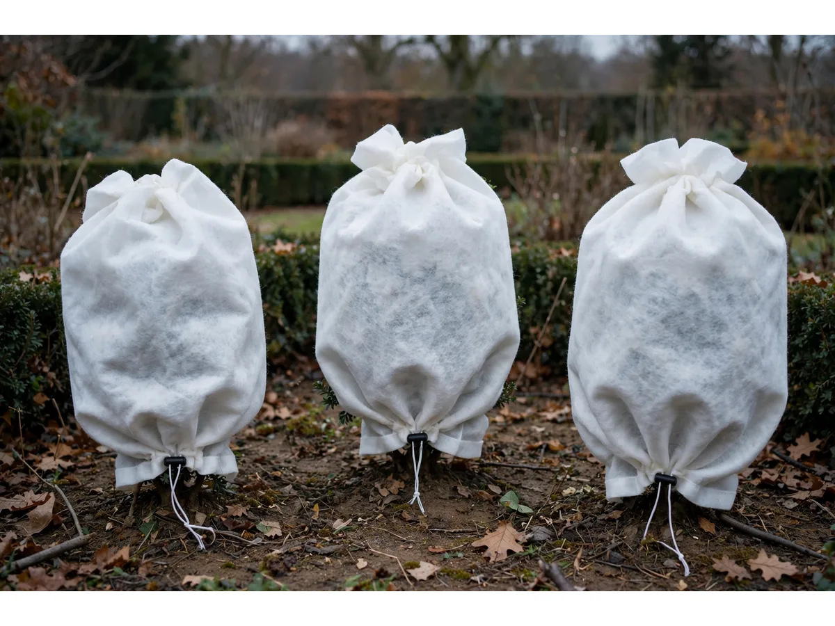 Trois arbustes d'un massif couverts chacun de sa housse le même soir, cordons serrés au pied, terre nue et feuilles mortes entre eux