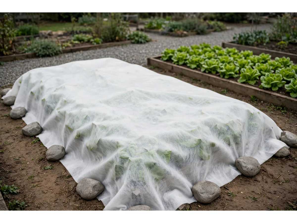 Large pan de voile posé à plat sur une planche de salades, bords lestés au sol par des pierres grises, feuillage vert visible par transparence